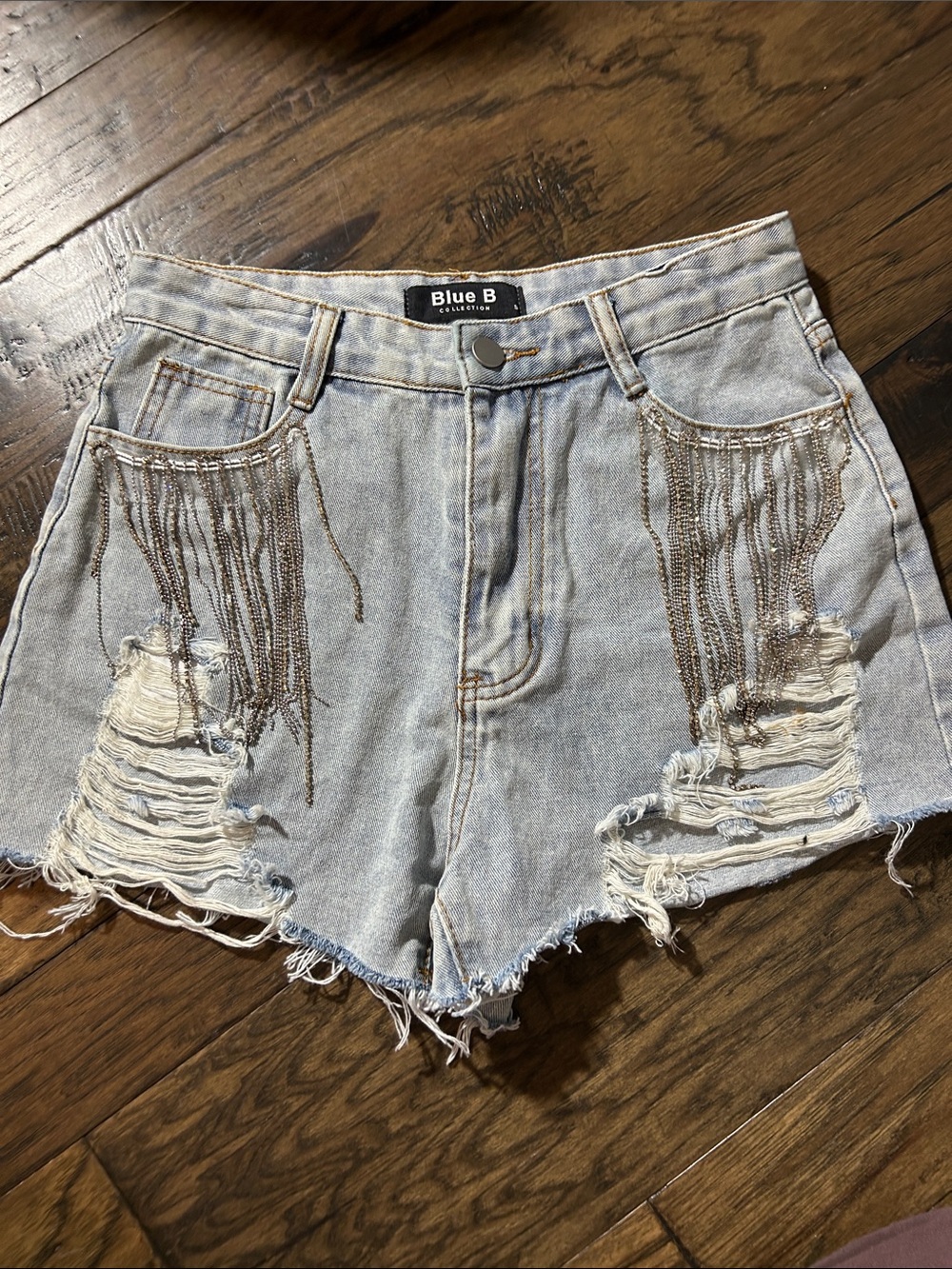 Blue B Light Wash Distressed Denim Shorts with Fringe Detail